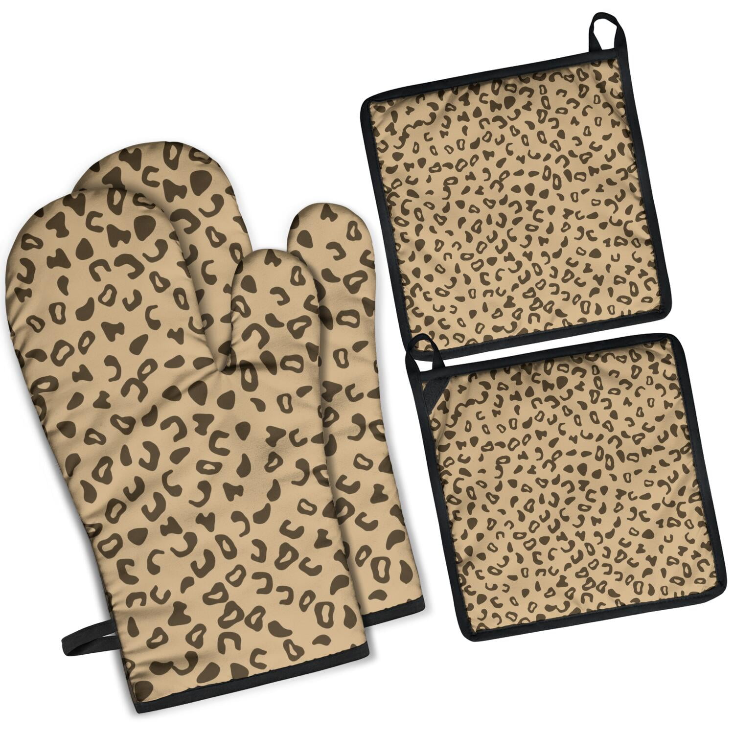 Leopard Print Oven Mitts and Pot Holders Set Of 4, Heat Resistant Kitchen Gloves with Non-Slip Grip, Hanging Loop, Soft Cotton Lining for Baking, Cooking, Grilling, Barbecue