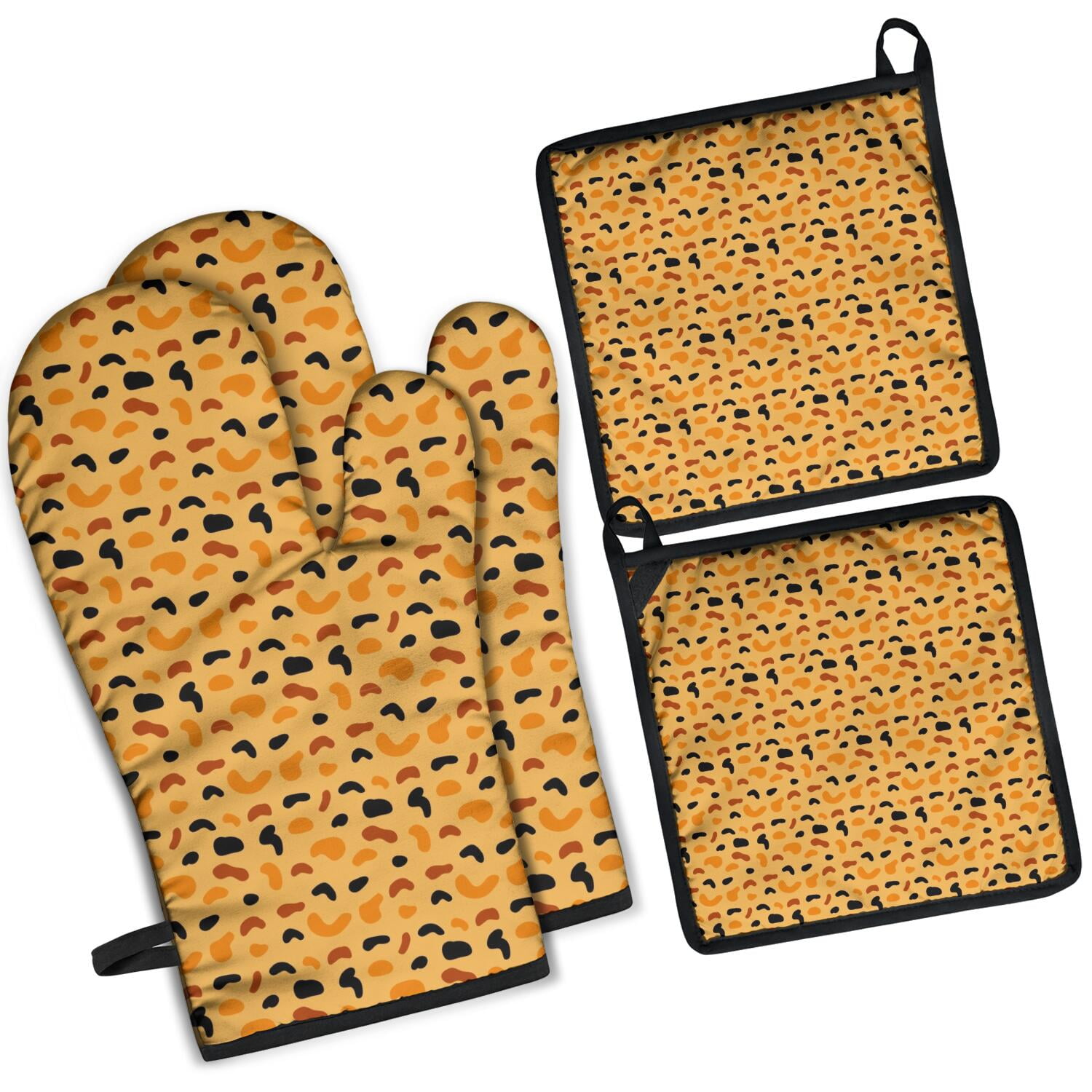 Leopard Print Oven Mitts and Pot Holders Set Of 4, Heat Resistant Kitchen Gloves with Non-Slip Grip, Hanging Loop, Soft Cotton Lining for Baking, Cooking, Grilling, Barbecue