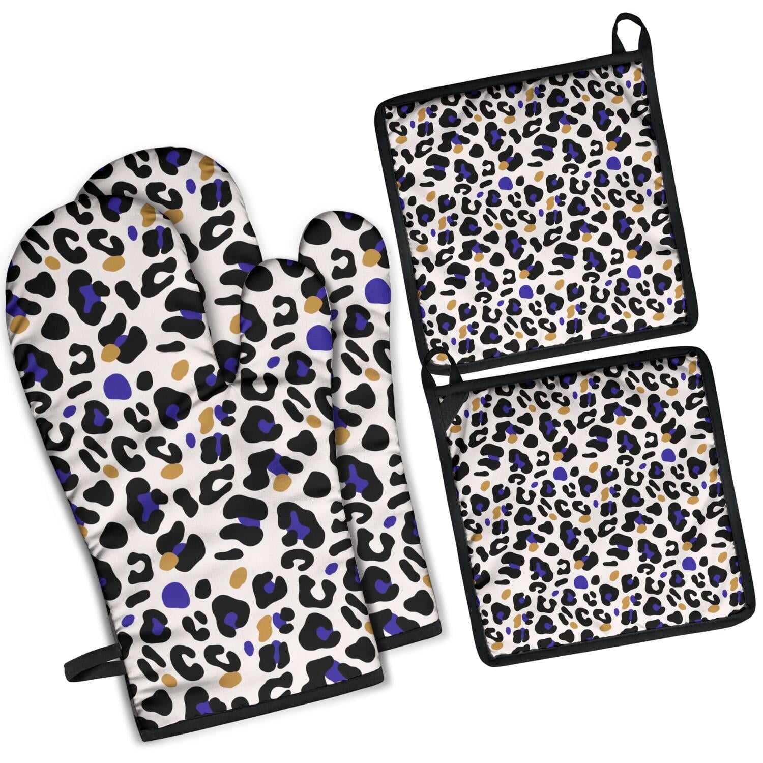 Leopard Print Oven Mitts and Pot Holders Set Of 4, Heat Resistant Kitchen Gloves with Non-Slip Grip, Hanging Loop, Soft Cotton Lining for Baking, Cooking, Grilling, Barbecue