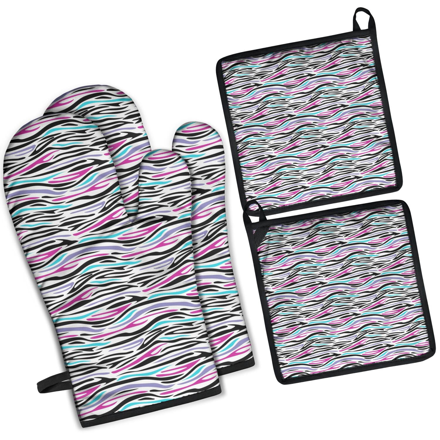 Leopard Print Oven Mitts and Pot Holders Set Of 4, Heat Resistant Kitchen Gloves with Non-Slip Grip, Hanging Loop, Soft Cotton Lining for Baking, Cooking, Grilling, Barbecue