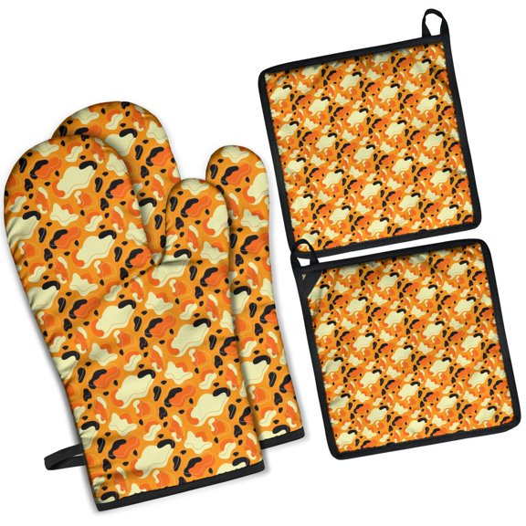 Leopard Print Oven Mitts and Pot Holders Set Of 4, Heat Resistant Kitchen Gloves with Non-Slip Grip, Hanging Loop, Soft Cotton Lining for Baking, Cooking, Grilling, Barbecue