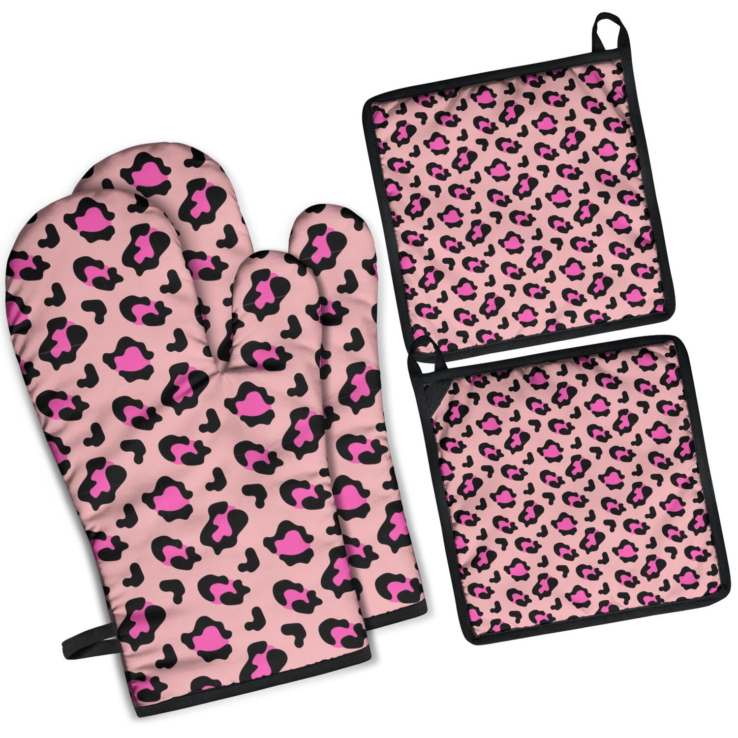 Leopard Print Oven Mitts and Pot Holders Set Of 4, Heat Resistant Kitchen Gloves with Non-Slip Grip, Hanging Loop, Soft Cotton Lining for Baking, Cooking, Grilling, Barbecue