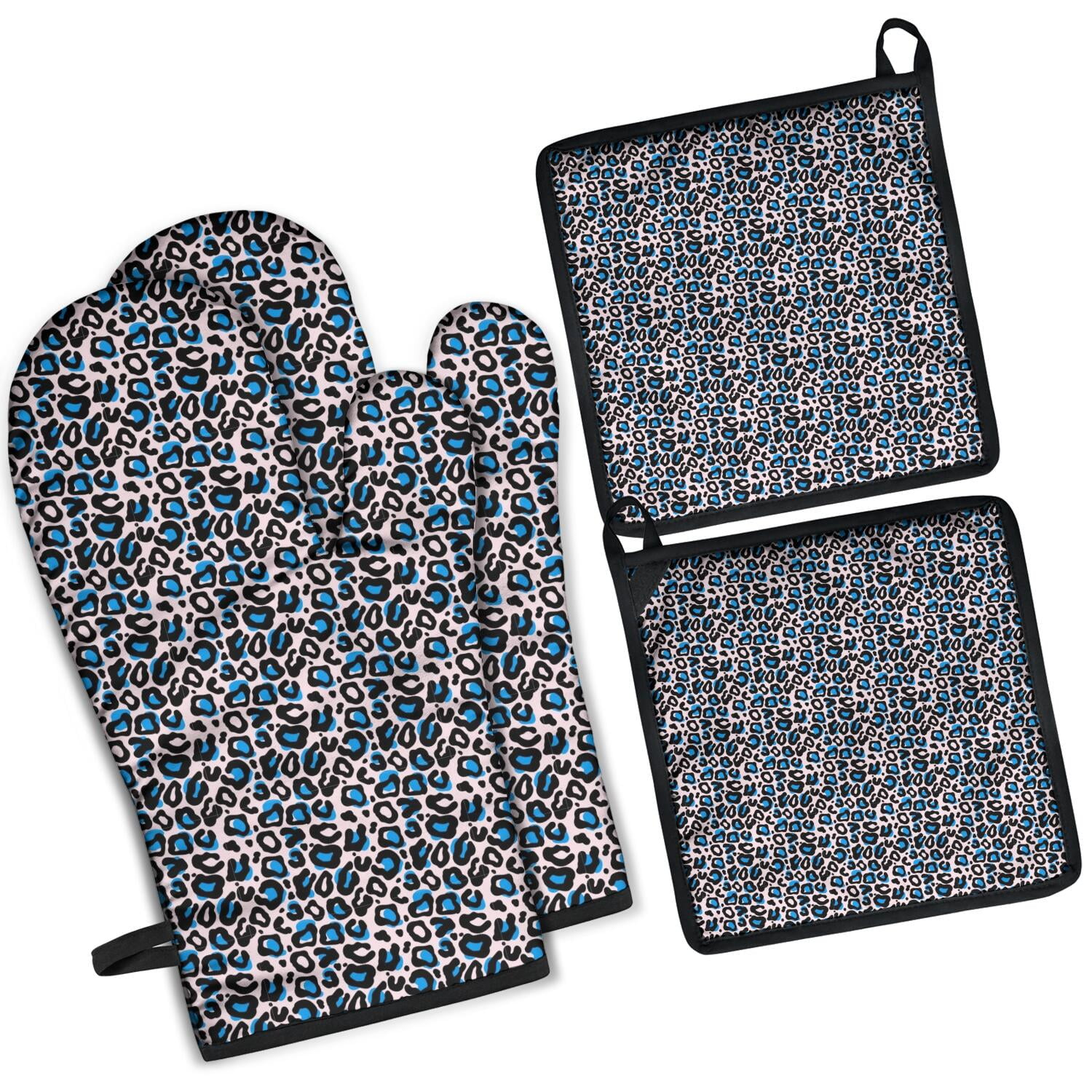 Leopard Print Oven Mitts and Pot Holders Set Of 4, Heat Resistant Kitchen Gloves with Non-Slip Grip, Hanging Loop, Soft Cotton Lining for Baking, Cooking, Grilling, Barbecue
