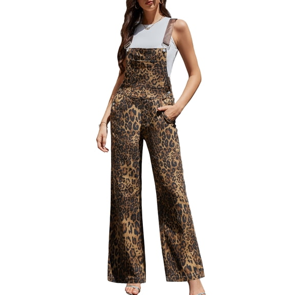 Leopard Print Overalls for Women Loose Fit Bib Coveralls Fashion Animal Jumpsuits Straight Leg Pants