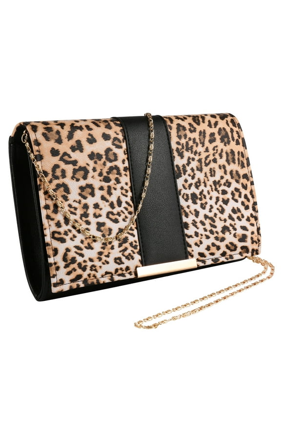 Leopard Print PU Leather Clutch Purse with Chain Strap Trendy Evening Shoulder Bag for Women