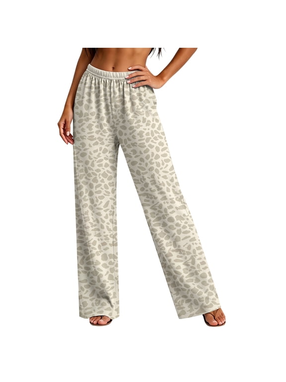 Leopard Print Pajama Pants for Women, Elastic Waist Straight Leg Lounge Trousers, Cozy Loose Fit Casual Sleepwear Bottoms with Pocket Beige S