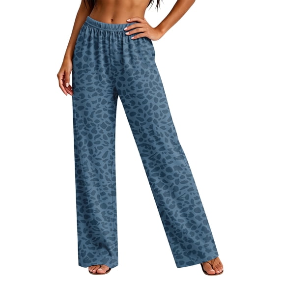 Leopard Print Pajama Pants for Women, Elastic Waist Straight Leg Lounge Trousers, Cozy Loose Fit Casual Sleepwear Bottoms with Pocket Blue M