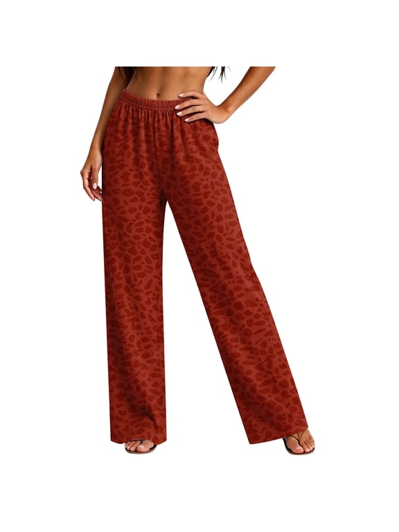Leopard Print Pajama Pants for Women, Elastic Waist Straight Leg Lounge Trousers, Cozy Loose Fit Casual Sleepwear Bottoms with Pocket Red S