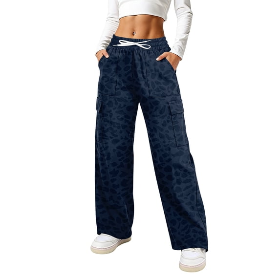 Leopard Print Pants For Women Adjustable Drawstring Elastic Waist Wide Leg Cargo Pants With Pockets Casual Loose Fit Lounge Trousers For Everyday Wear