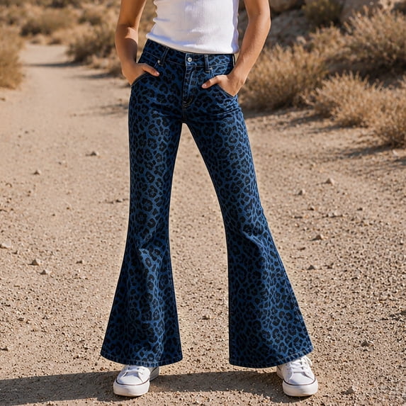 Leopard Print Pants for Girls Y2K Bell Bottom Leg Button Stretch Causal Sweatpant Cheetah Graphic Trousers