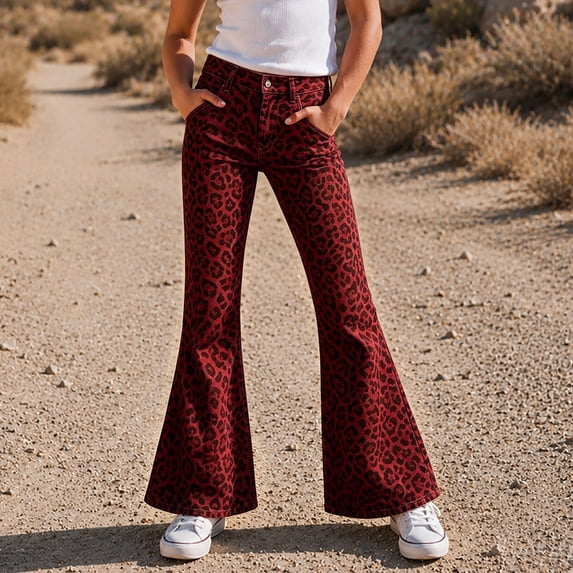 Leopard Print Pants for Girls Y2K Bell Bottom Leg Button Stretch Causal Sweatpant Cheetah Graphic Trousers