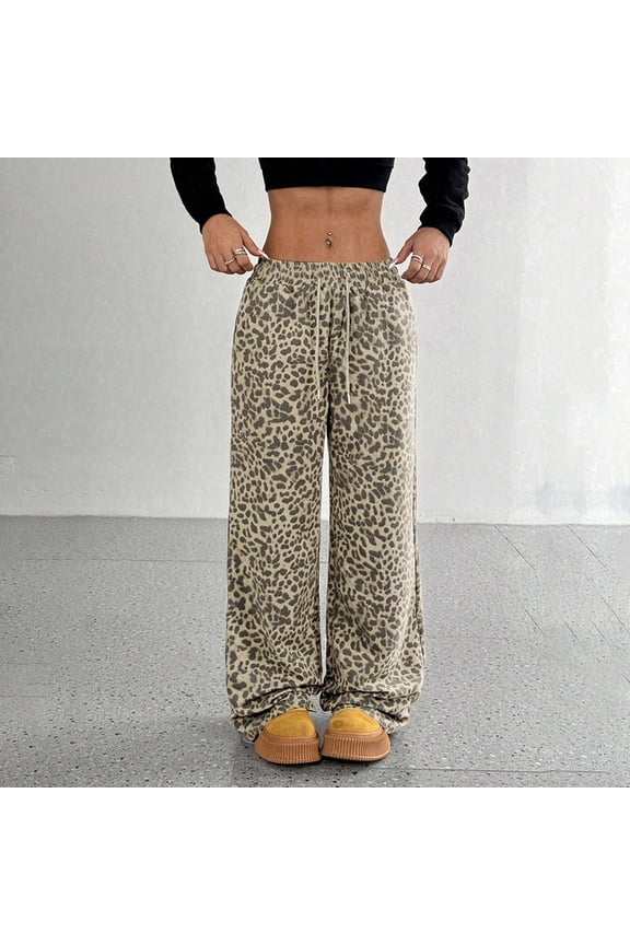 Leopard Print Pants for Woman High Waisted Baggy Wide Leg Y2k Pant Casual Elastic Waist Trousers with Pockets