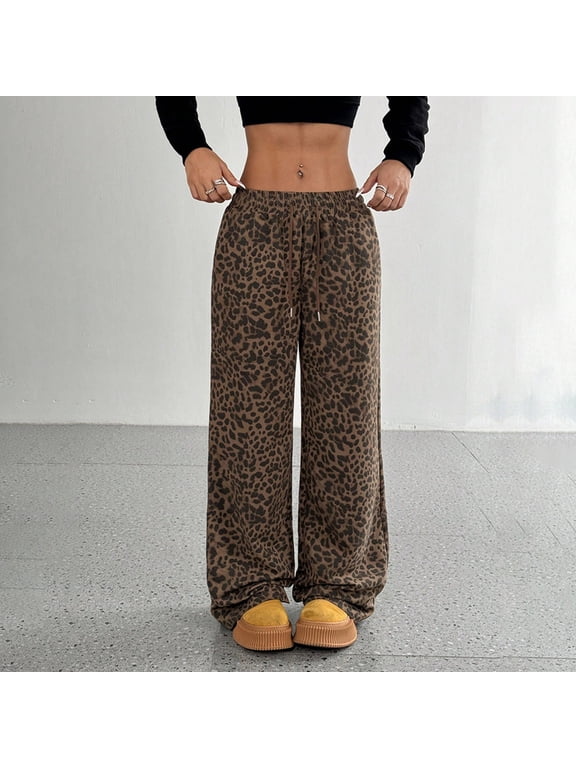 Leopard Print Pants for Woman High Waisted Baggy Wide Leg Y2k Pant Casual Elastic Waist Trousers with Pockets