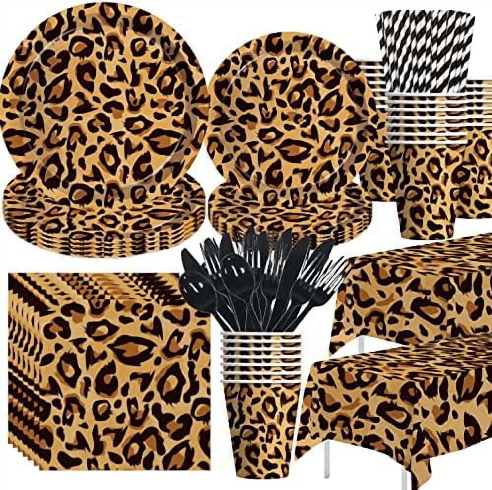 Leopard Print Party Supplies - Cheetah Print Party Decorations Tableware, Plate, Cup, Napkin, Tablecloth, Cutlery, Safari Animal Leopard Theme Birthday Baby Shower Party Supplies | Serve 24$$