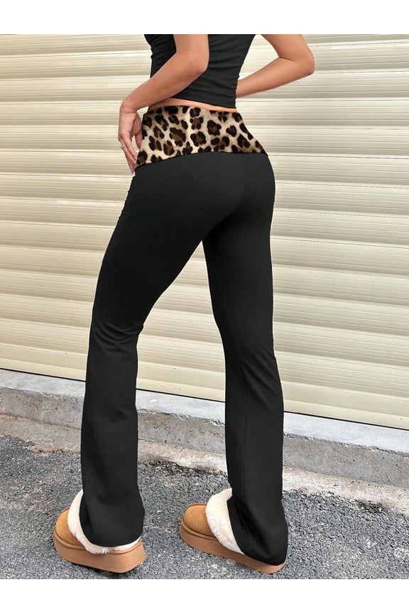Leopard Print Patchwork Womens Leggings Casual Solid Color Flare Pants Wide-Waist Fold-Over Ruched Slim Fit 2026