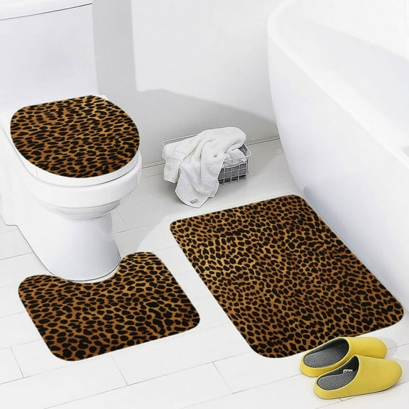 Leopard Print Pattern 3 Piece Bath Rugs Mat Set, Flannel Mats, Machine Washable Carpets Mat for Bathroom Kitchen, Tub Toilet Contour Mat Lid Cover