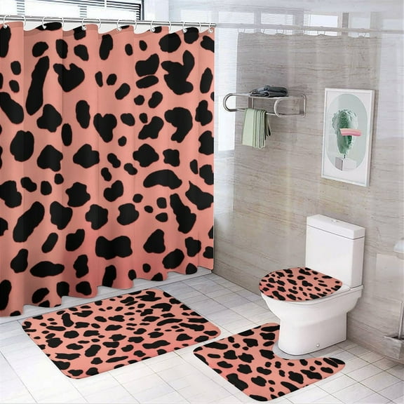 Leopard Print Pattern 4 Piece Shower Curtain Sets, Non-Slip Rugs, Toilet Lid Cover And Bath Mat, for Bathroom Decor Set, 72" X 72"