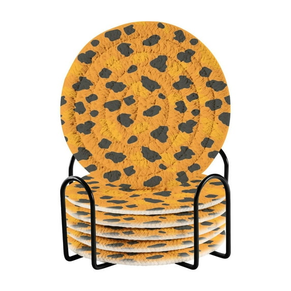 Leopard Print Pattern 6 Pcs Drink Coasters with Holder Absorbent Coasters Woven Coasters for Drinks Table Desk Protection Home Decor