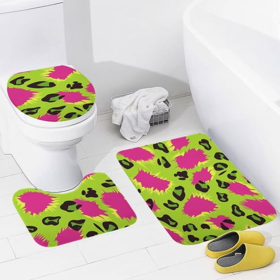 Leopard Print Pattern Bathroom Rug Set of 3, No Silp Washable Cover Floor Rug Decorations for Kitchen Bathroom Bedroom
