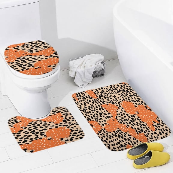 Leopard Print Pattern Bathroom Rug Set of 3, No Silp Washable Cover Floor Rug Decorations for Kitchen Bathroom Bedroom