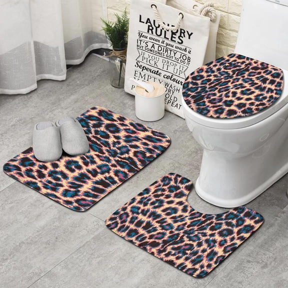 Leopard Print Pattern Bathroom Rugs Sets 3 Piece,Toilet Cover Set,Absorbent Non Slip Bathroom Mats Sets with U-Shaped Contour Rug Toilet Rug Set