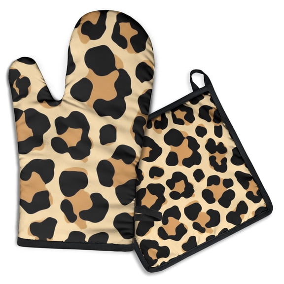 Leopard Print Pattern Kitchen Oven Mitt and Pot Holder Sets 2 Pcs for Baking, Cooking and Grilling, Heat Resistant Up To 392 °F