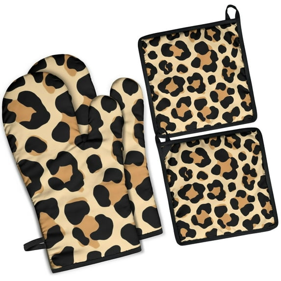 Leopard Print Pattern Kitchen Oven Mitt and Pot Holder Sets 4 Pcs for Baking, Cooking and Grilling, Heat Resistant Up To 392 °F