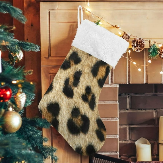 Leopard Print Pattern Large Christmas Stockings, Hanging Xmas Stockings Candy Fireplace Stocking Hanging Tag with Crystal Velvet for Family Holiday Christmas Party Decorations,17.7"