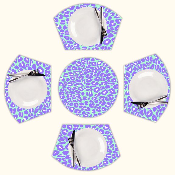 Leopard Print Pattern in Mint Green, Purple and White Round Table Placemats Set Of 5 Wedge Table Mats Washable Heat Resistant Place Mat For Dining Table Kitchen Farmhouse Restaurant