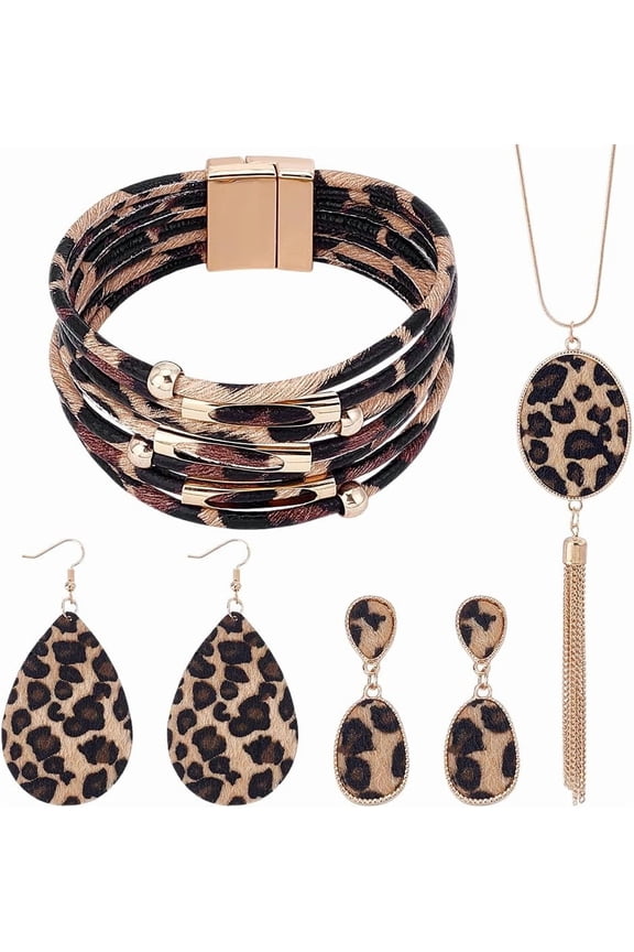 Leopard Print Pattern PU Leather Necklaces & Stud Earring & Bracelets Alloy Jewelry Sets for Women Light Gold 46~820mm