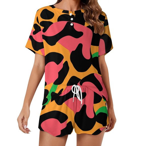 Leopard Print Pattern Pajama Set for Women 2 Piece Sleepwear Loungewear Short Sleeve