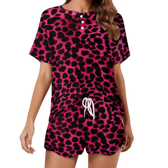 Leopard Print Pattern Pajama Set for Women 2 Piece Sleepwear Loungewear Short Sleeve