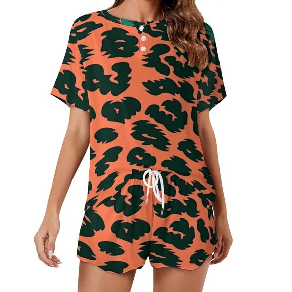 Leopard Print Pattern Pajama Set for Women 2 Piece Sleepwear Loungewear Short Sleeve