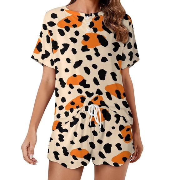 Leopard Print Pattern Pajama Set for Women 2 Piece Sleepwear Loungewear Short Sleeve