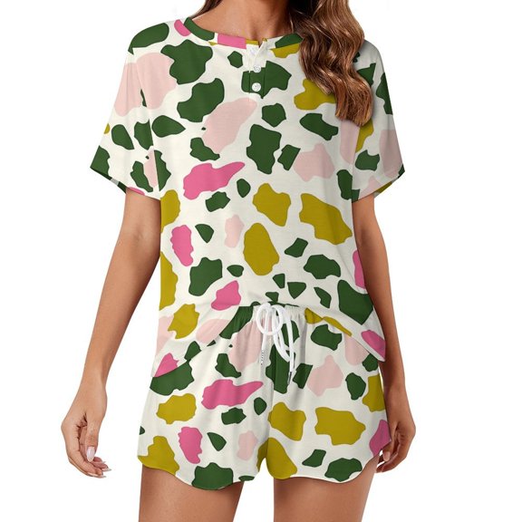 Leopard Print Pattern Pajama Set for Women 2 Piece Sleepwear Loungewear Short Sleeve