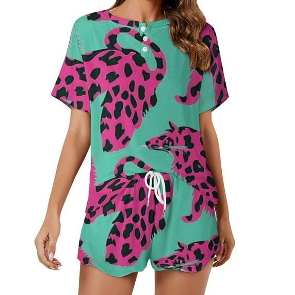 Leopard Print Pattern Pajamas Set Womens Loungewear Sleepwear 2 Piece PJ Sets
