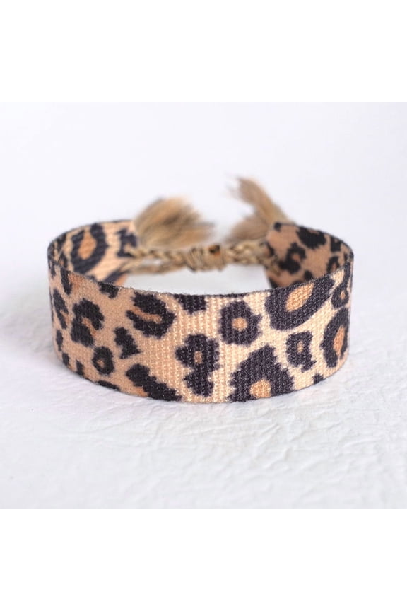 Leopard Print Pattern Polyester Cord Adjustable Bracelets with Tassel Wheat 3/4 inch(1.9~2cm) Inner Diameter: 2~3-1/8 inch(5~8cm)
