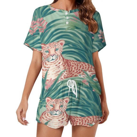 Leopard Print Pattern Print Women'S Pajamas Set Summer Sleepwear Sets 2 Piece Lounge Set