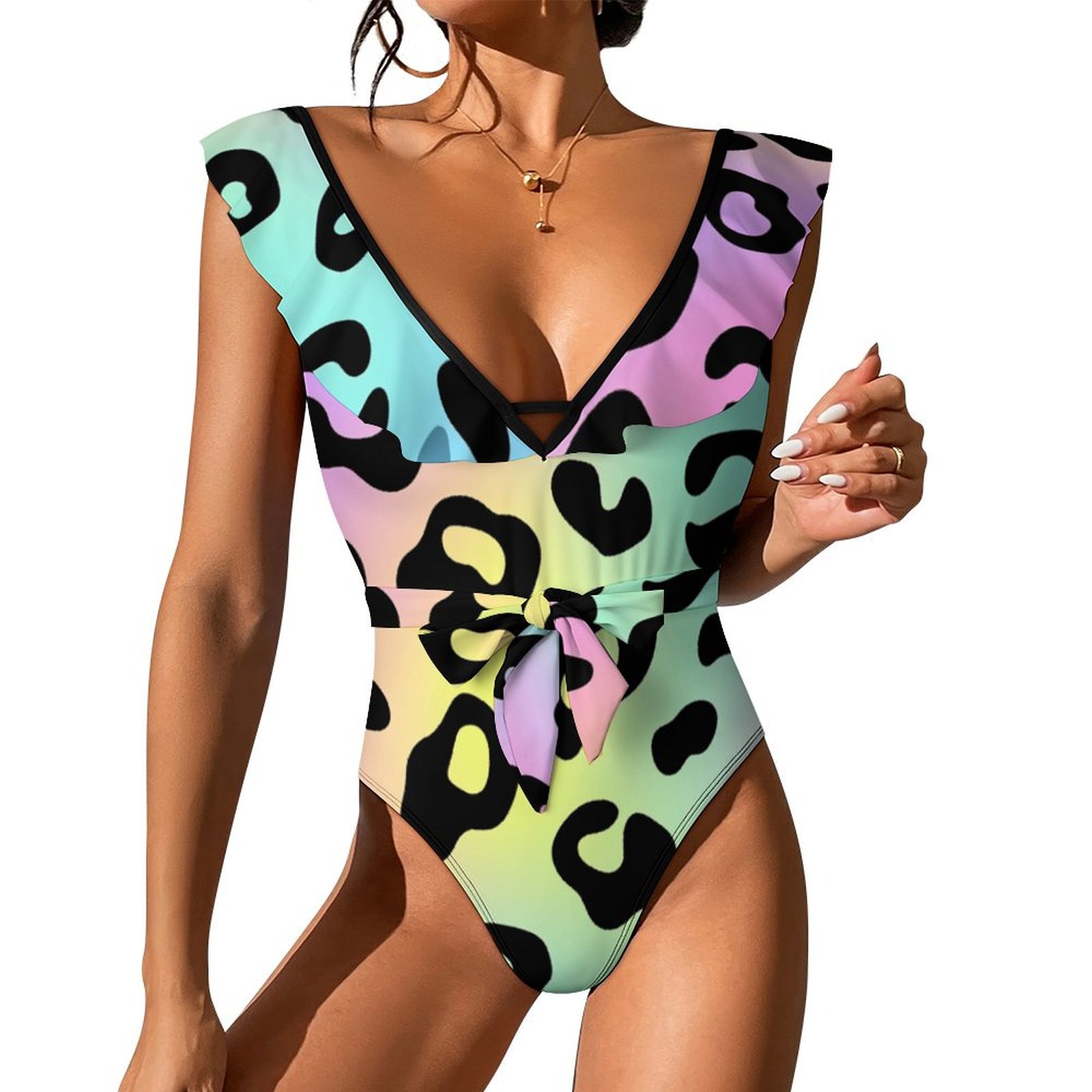 Trendy Bikini Leopard and Solid Color Swimsuit