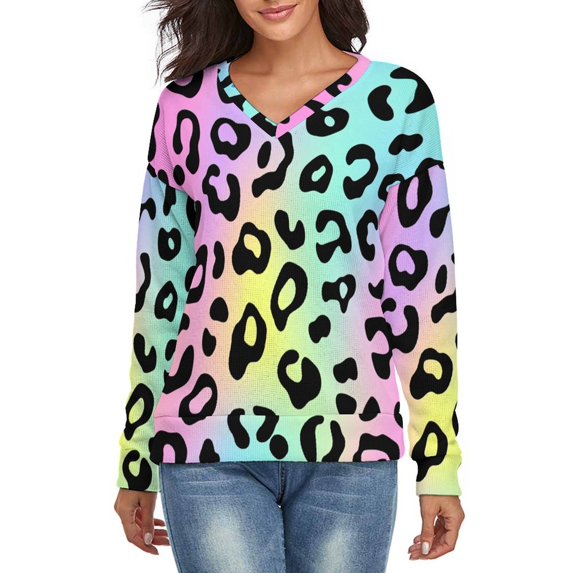 Leopard Print Pattern Rainbow Colors V-neck Sweater Winter Clothes Long ...