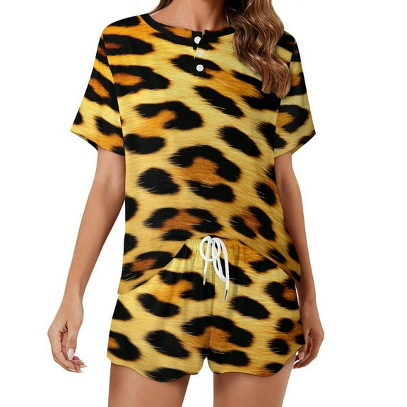 Leopard Print Pattern Women's Ruffle Short Sleeve Tops And Shorts Cute Peeps Bunny Pajamas Sets