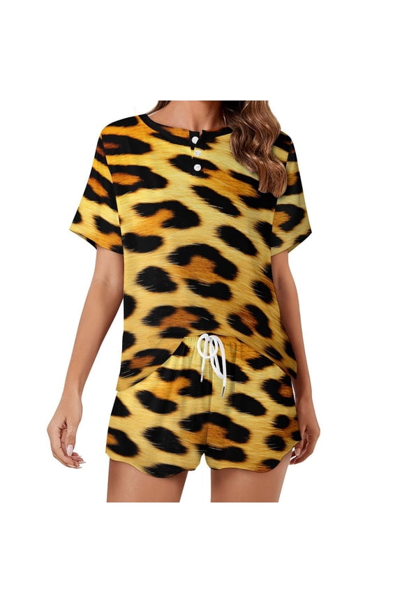 Leopard Print Pattern Women's Ruffle Short Sleeve Tops And Shorts Cute Peeps Bunny Pajamas Sets