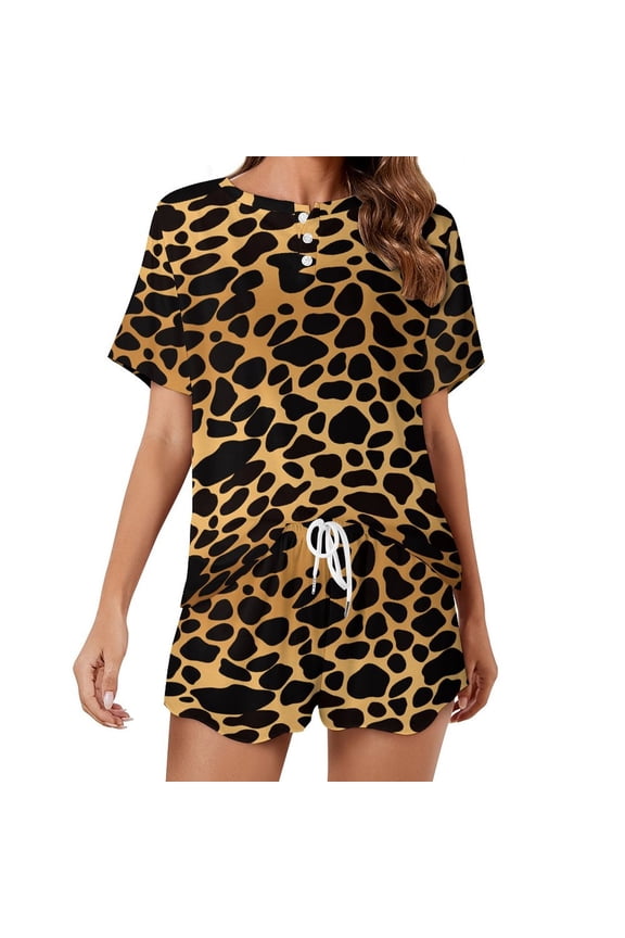 Leopard Print Pattern Women's Ruffle Short Sleeve Tops And Shorts Cute Peeps Bunny Pajamas Sets