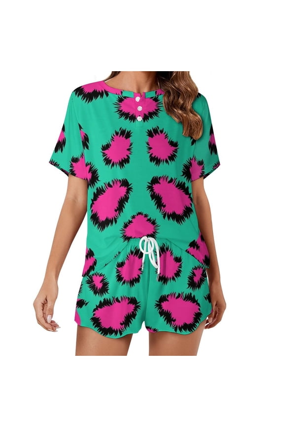 Leopard Print Pattern Women's Ruffle Short Sleeve Tops And Shorts Cute Peeps Bunny Pajamas Sets
