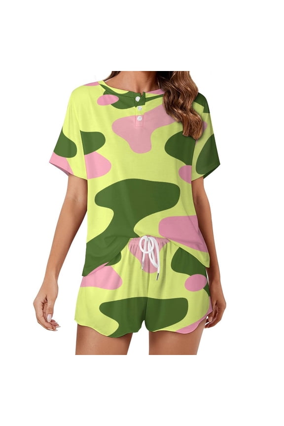 Leopard Print Pattern Women's Ruffle Short Sleeve Tops And Shorts Cute Peeps Bunny Pajamas Sets