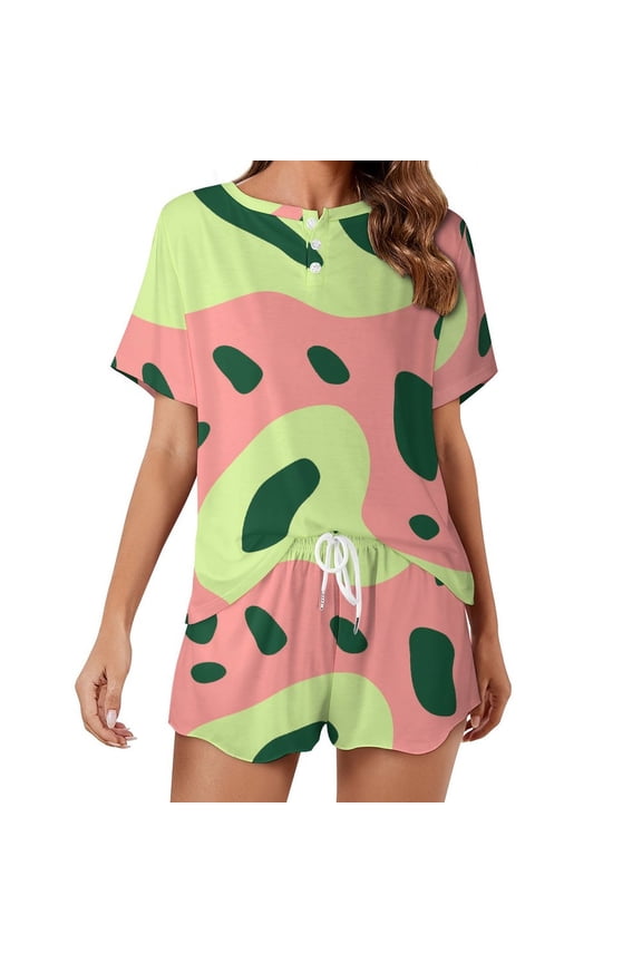 Leopard Print Pattern Women's Ruffle Short Sleeve Tops And Shorts Cute Peeps Bunny Pajamas Sets