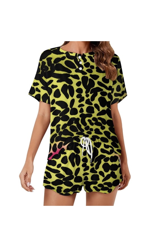 Leopard Print Pattern Women's Ruffle Short Sleeve Tops And Shorts Cute Peeps Bunny Pajamas Sets