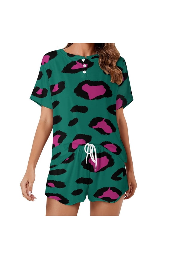 Leopard Print Pattern Women's Ruffle Short Sleeve Tops And Shorts Cute Peeps Bunny Pajamas Sets