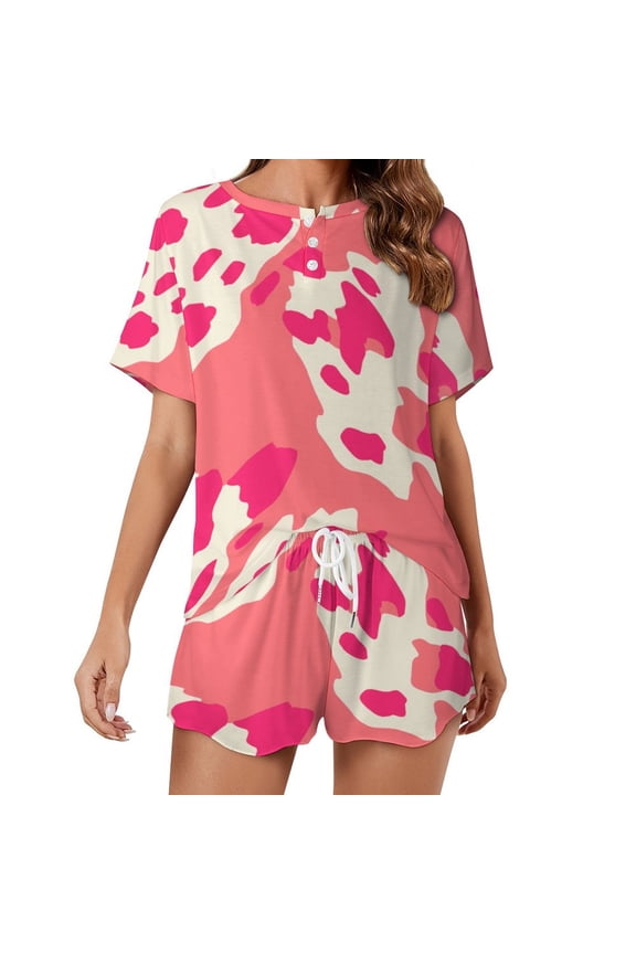 Leopard Print Pattern Women's Ruffle Short Sleeve Tops And Shorts Cute Peeps Bunny Pajamas Sets