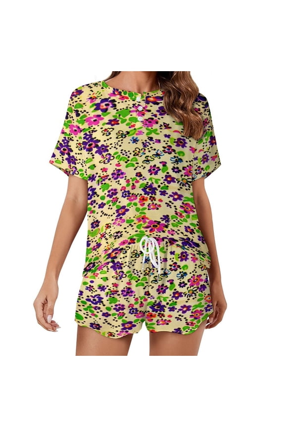 Leopard Print Pattern Women's Ruffle Short Sleeve Tops And Shorts Cute Peeps Bunny Pajamas Sets
